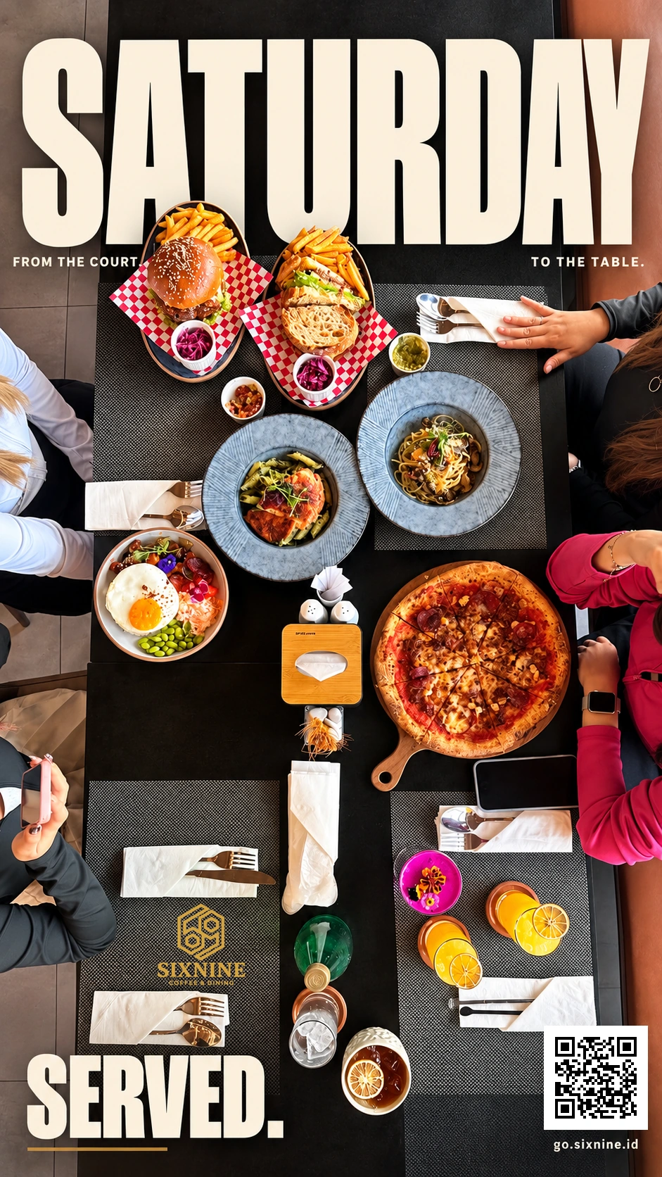 Saturday Served at SixNine Coffee & Dining, with dishes and drinks shared around a table.